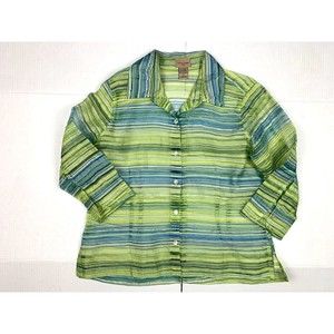 Choices Womens Size PL Green Striped Semi Sheer Button-Up Shirt  3/4 Sleeve